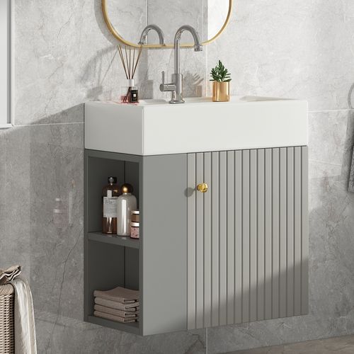 Meuble Vasque55x31x66.5cm, 1 Portes, Bac En Céramique, Rangement Sur Le Côté, Mdf, Gris