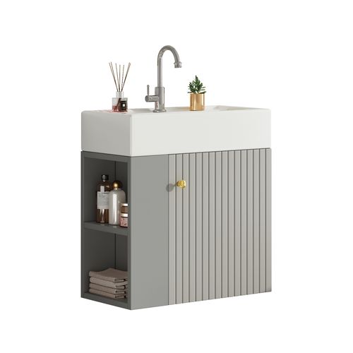 Meuble Vasque55x31x66.5cm, 1 Portes, Bac En Céramique, Rangement Sur Le Côté, Mdf, Gris