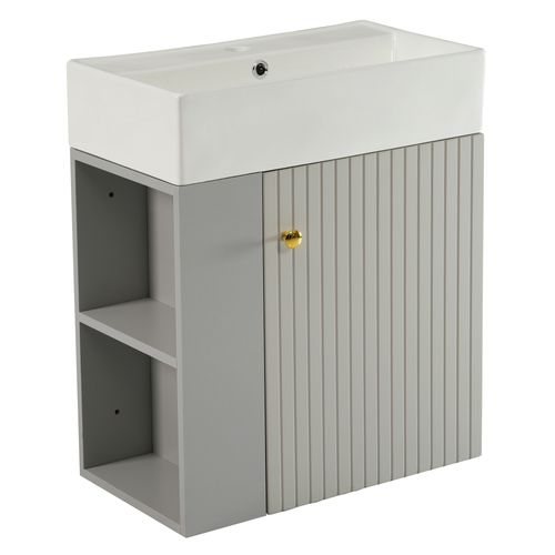 Meuble Vasque55x31x66.5cm, 1 Portes, Bac En Céramique, Rangement Sur Le Côté, Mdf, Gris