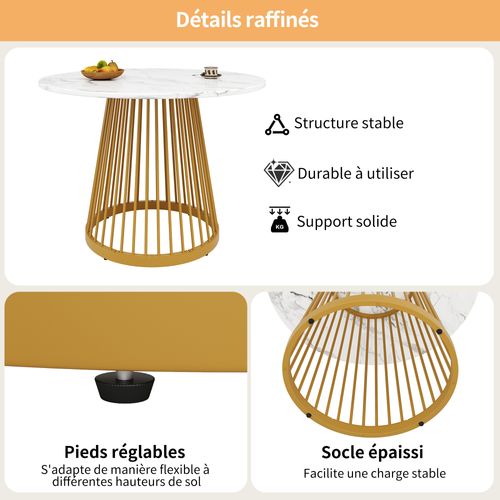 Table à Manger80x80x76 Cm, table Ronde, motif De Marbre, pieds En Fer, mdf, blanc+doré