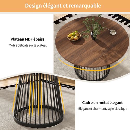 Table à Manger80x80x76 Cm, table Ronde, motif De Bois, pieds En Fer, mdf, couleur Bois Et Noir