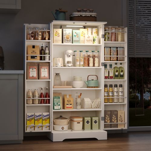 Armoire De Cuisine Avec LED, 60×35×128cm, Buffet De Cuisine Avec Étagères Réglables, Mdf, Blanc