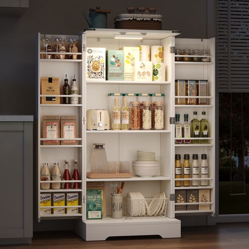 Armoire De Rangement 60x35x128.5cm, buffet de cuisine Avec LED à Capteur et Poignée, Mdf, Blanc