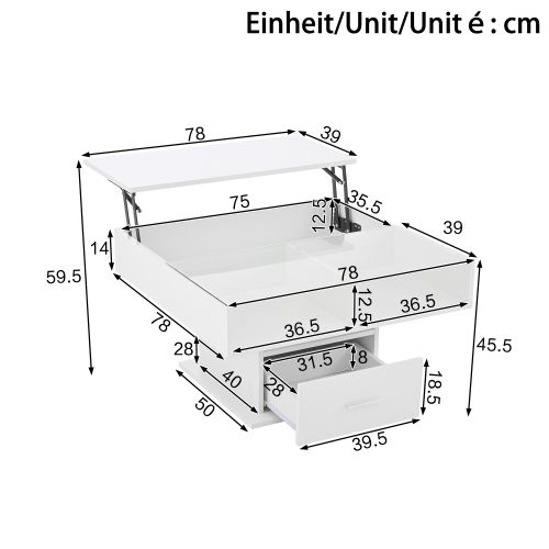 Table Basse Relevable Blanche Brillance, Table De Salon Carrée , Avec Éclairage LED