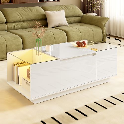 Table Basse Rectangulaire Blanche Avec Éclairage LED, Plateau En Verre Et 2 Tiroirs