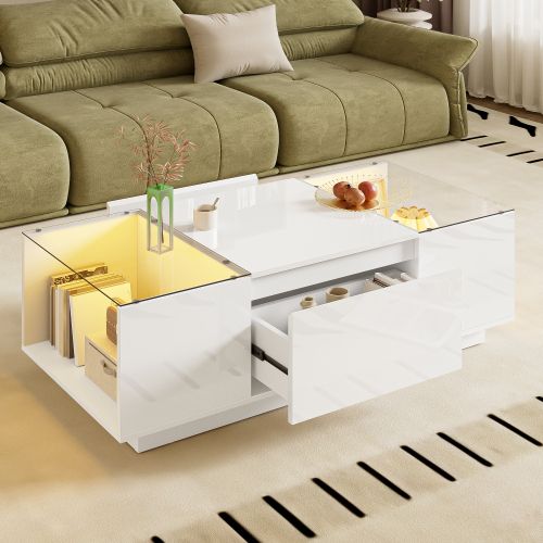 Table Basse Rectangulaire Blanche Avec Éclairage LED, Plateau En Verre Et 2 Tiroirs