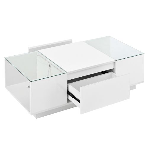 Table Basse Rectangulaire Blanche Avec Éclairage LED, Plateau En Verre Et 2 Tiroirs