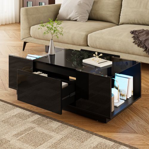 Table Basse Rectangulaire Noire Avec Éclairage LED, Plateau En Verre Et 2 Tiroirs