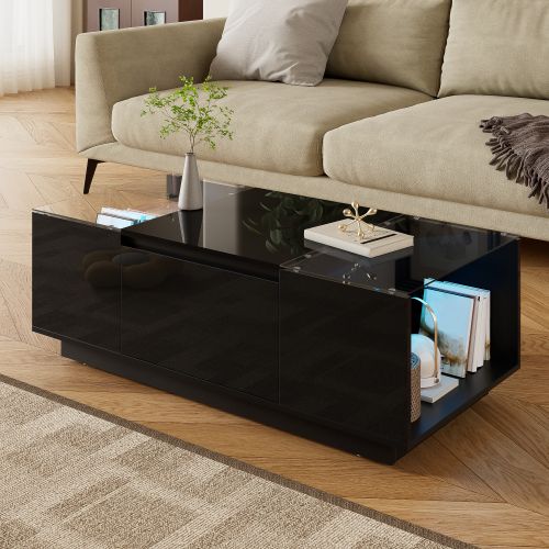 Table Basse Rectangulaire Noire Avec Éclairage LED, Plateau En Verre Et 2 Tiroirs