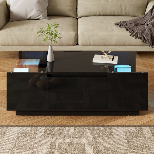 Table Basse Rectangulaire Noire Avec Éclairage LED, Plateau En Verre Et 2 Tiroirs