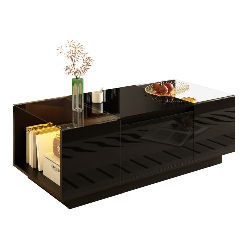 Table Basse Rectangulaire Noire Avec Éclairage LED, Plateau En Verre Et 2 Tiroirs