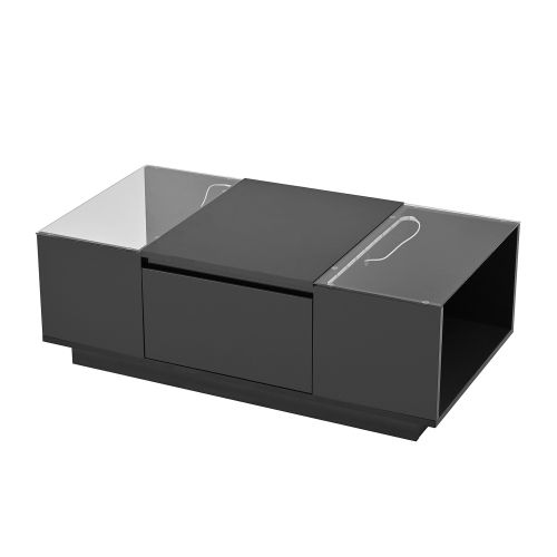 Table Basse Rectangulaire Noire Avec Éclairage LED, Plateau En Verre Et 2 Tiroirs