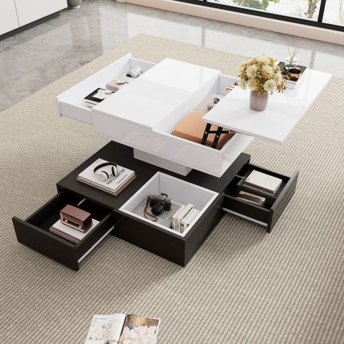 Table Basse Relevable 70x70x40 Cm Avec Plateau Rotatif à 360°, 3 Tiroirs, Blanc Et Noir