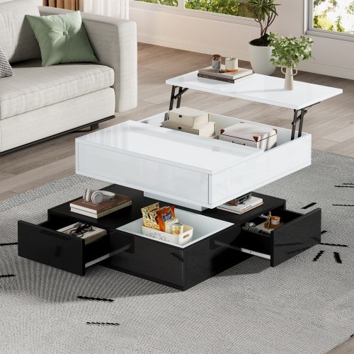 Table Basse Relevable 70x70x40 Cm Avec Plateau Rotatif à 360°, 3 Tiroirs, Blanc Et Noir