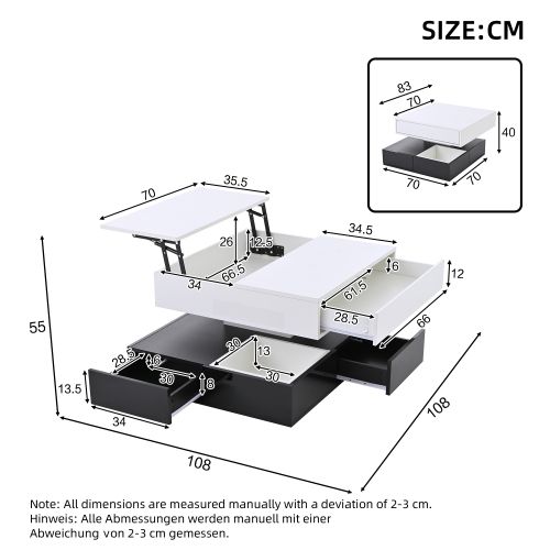 Table Basse Relevable 70x70x40 Cm Avec Plateau Rotatif à 360°, 3 Tiroirs, Blanc Et Noir