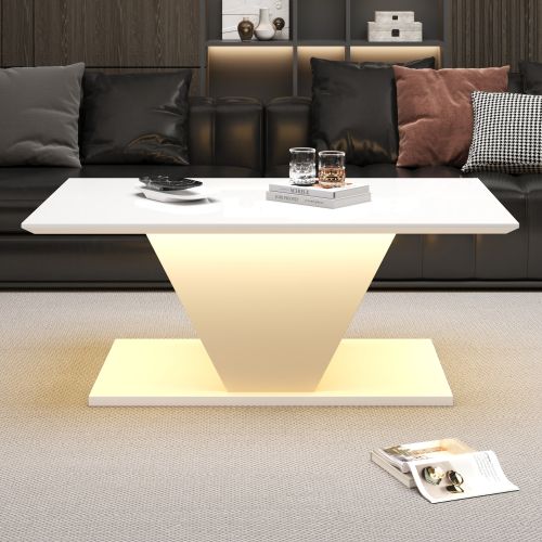 Table Basse Rectangulaire Blanche 100x50x46 Cm Avec Lumières LED, Haute Brillance, En Forme De V