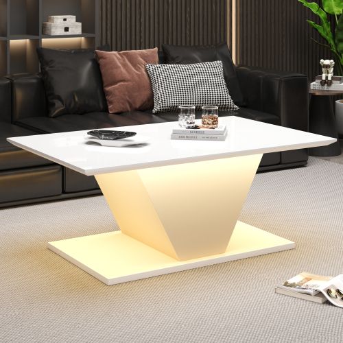 Table Basse Rectangulaire Blanche 100x50x46 Cm Avec Lumières LED, Haute Brillance, En Forme De V