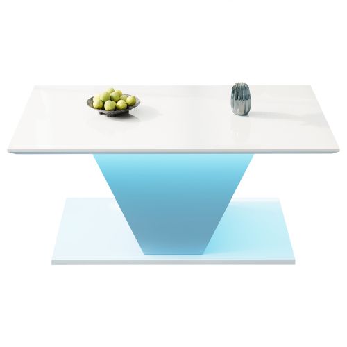 Table Basse Rectangulaire Blanche 100x50x46 Cm Avec Lumières LED, Haute Brillance, En Forme De V