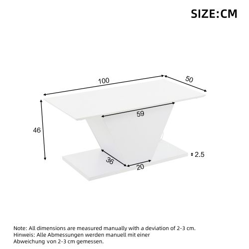 Table Basse Rectangulaire Blanche 100x50x46 Cm Avec Lumières LED, Haute Brillance, En Forme De V