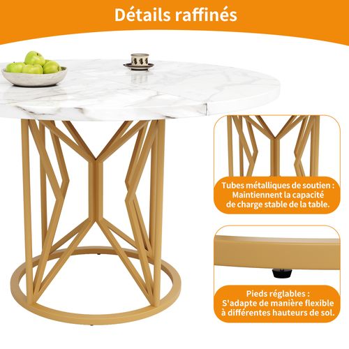 Table Ronde Salle à Manger 100cm Blanc Et Doré, Plateau Effet Marbre, 4 à 6 Personnes