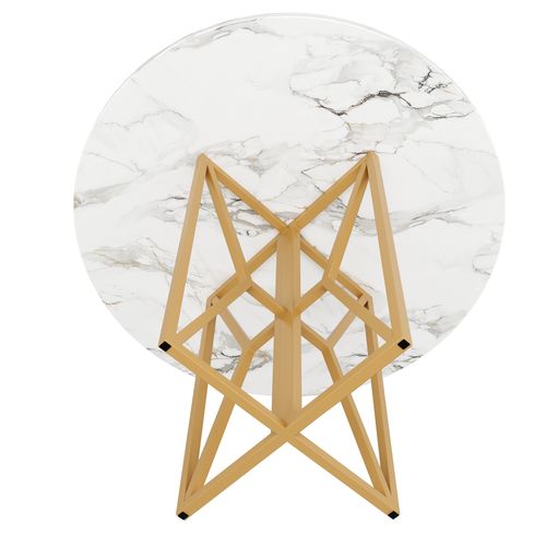 Table Ronde Salle à Manger 80cm Blanc Et Doré Avec Rangment Pour 4 à 6 Personnes