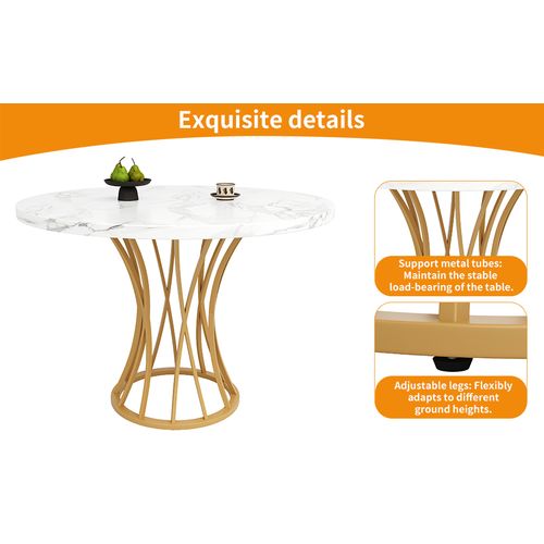 Table Ronde Salle à Manger 80 Cm Mdf Marbre Avec Pieds Métal Doré Réglables, 4 à 6 Personnes