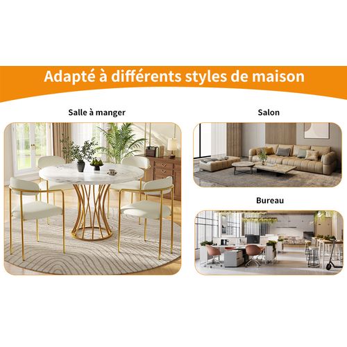 Table Ronde Salle à Manger 80 Cm Mdf Marbre Avec Pieds Métal Doré Réglables, 4 à 6 Personnes
