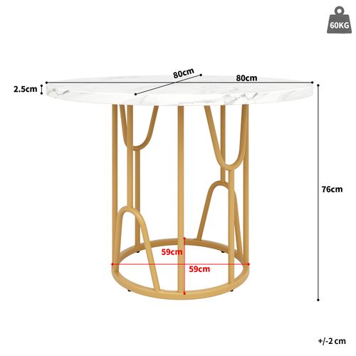 Table à Manger Ronde 80cm Blanc Et Doré 4 à 6 Personnes, Plateau Effet Marbré, Pieds Dorés
