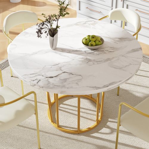 Table à Manger Ronde 80cm Blanc Et Doré 4 à 6 Personnes, Plateau Effet Marbré, Pieds Dorés
