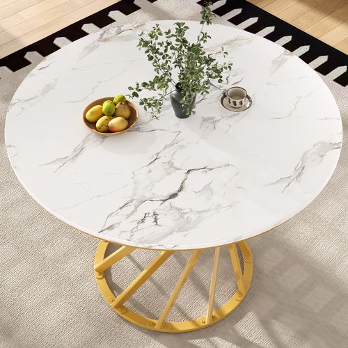 Table à Manger Ronde 80cm Blanc Et Doré Effet Marbre 4 Personnes