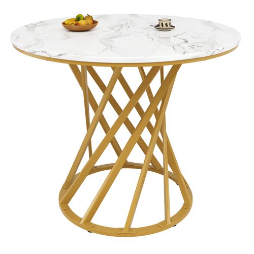 Table à Manger Ronde 80cm Blanc Et Doré Effet Marbre 4 Personnes