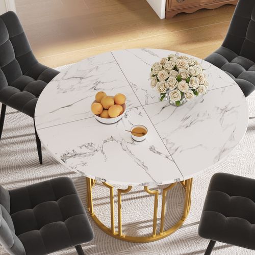Table à Manger Ronde 100cm Blanc Et Doré Effet Marbre 4 Personnes
