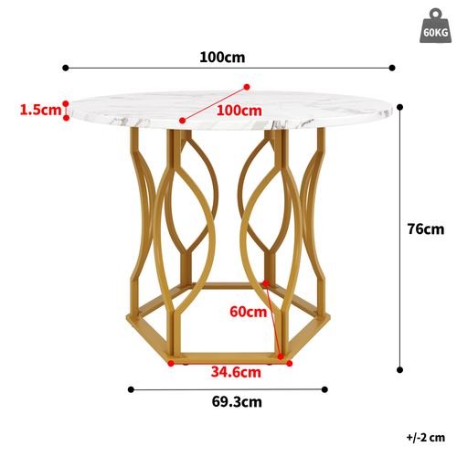 Table à Manger Ronde 100cm Blanc Et Doré Effet Marbre 4 Personnes