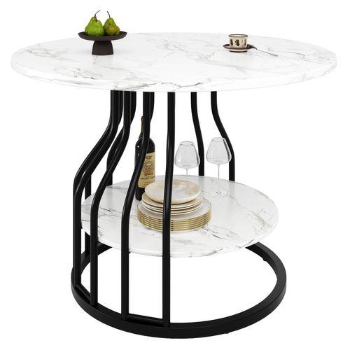 Table à Manger Ronde 80cm Blanc Et Noir Effet Marbre 4 Personnes Avec Rangement