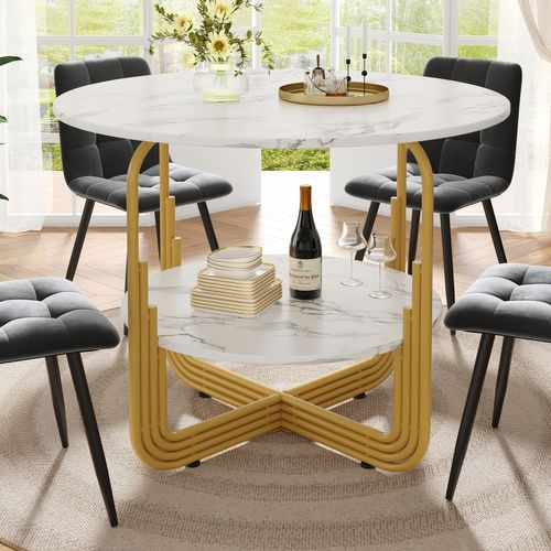 Table à Manger Ronde 80cm Blanc Et Doré Effet Marbre 4 Personnes Avec Plateau De Rangement