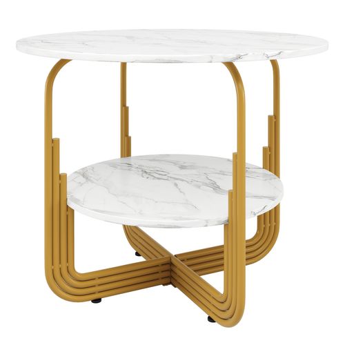 Table à Manger Ronde 80cm Blanc Et Doré Effet Marbre 4 Personnes Avec Plateau De Rangement