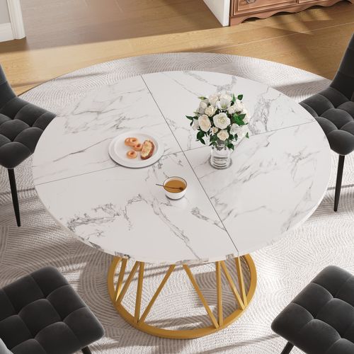 Table à Manger Ronde 100cm Blanc Et Doré Effet Marbre 4 Personnes