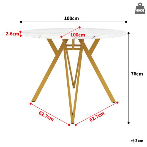 Table à Manger Ronde 100cm Blanc Et Doré Effet Marbre 4 Personnes