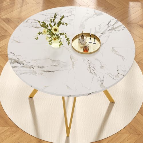 Table à Manger Ronde 100cm Blanc Et Doré Effet Marbre 4 Personnes