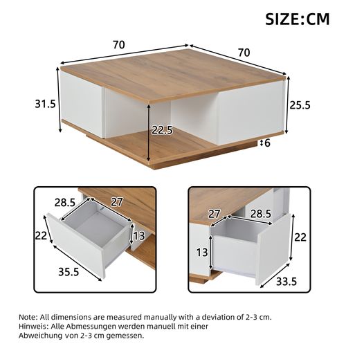 Table Basse70x70x31.5cm, table Carrée, 3 Tiroirs, motif Bois, aggloméré, couleur Bois+blanc