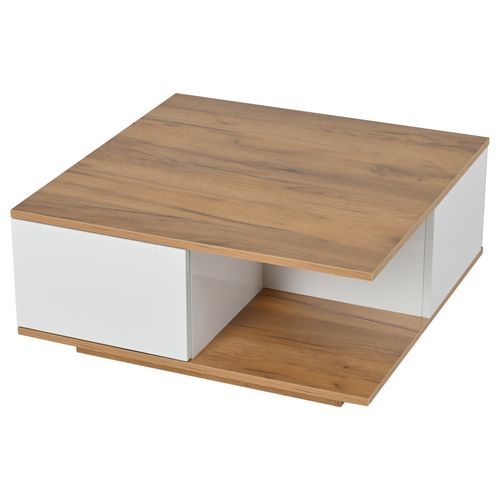 Table Basse70x70x31.5cm, table Carrée, 3 Tiroirs, motif Bois, aggloméré, couleur Bois+blanc