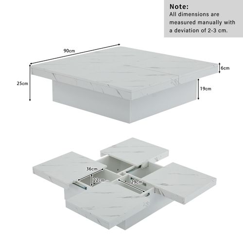 Table Basse 90x90x25cm, moderne, table Carrée, motif Marbre, 4 Coffres, aggloméré, blanc