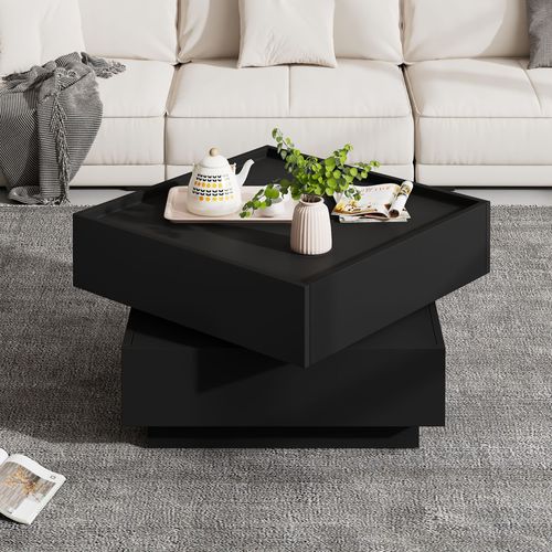 Table Basse 60x60x38cm, table Carrée, 2 Tiroirs, table Basse Rotative, aggloméré, noir