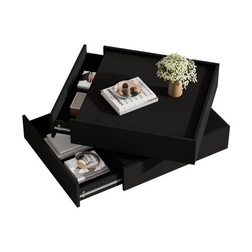 Table Basse 60x60x38cm, table Carrée, 2 Tiroirs, table Basse Rotative, aggloméré, noir