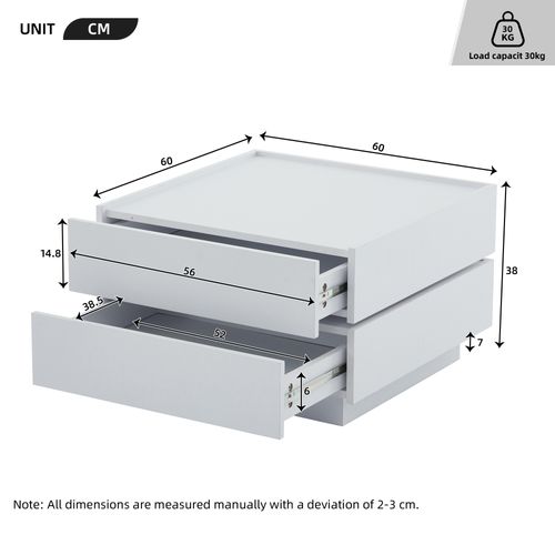 Table Basse 60x60x38cm, table Carrée, 2 Tiroirs, table Basse Rotative, aggloméré, blanc