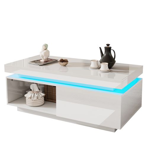 Table Basse 100x50x40 Cm, led, 1 Tiroir, table Rectangulaire, aggloméré, blanc