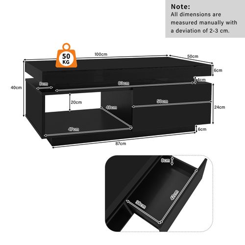 Table Basse 100x50x40 Cm, led, 1 Tiroir, table Rectangulaire, moderne, aggloméré, noir
