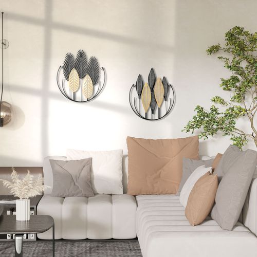 2 Décoration Murale 40x3x46cm, effet 3d, naturel, forme De Feuille, métal, vert+doré