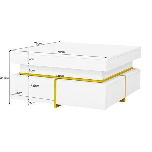 Table Basse Brillante Avec Rangement, Détails Dorés, Panneau De Particules, Blanc