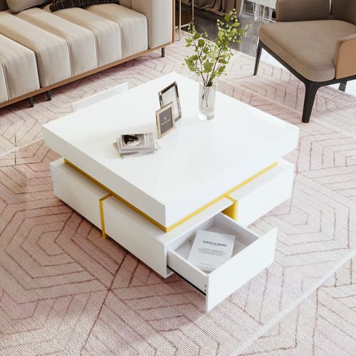 Table Basse Brillante Avec Rangement, Détails Dorés, Panneau De Particules, Blanc